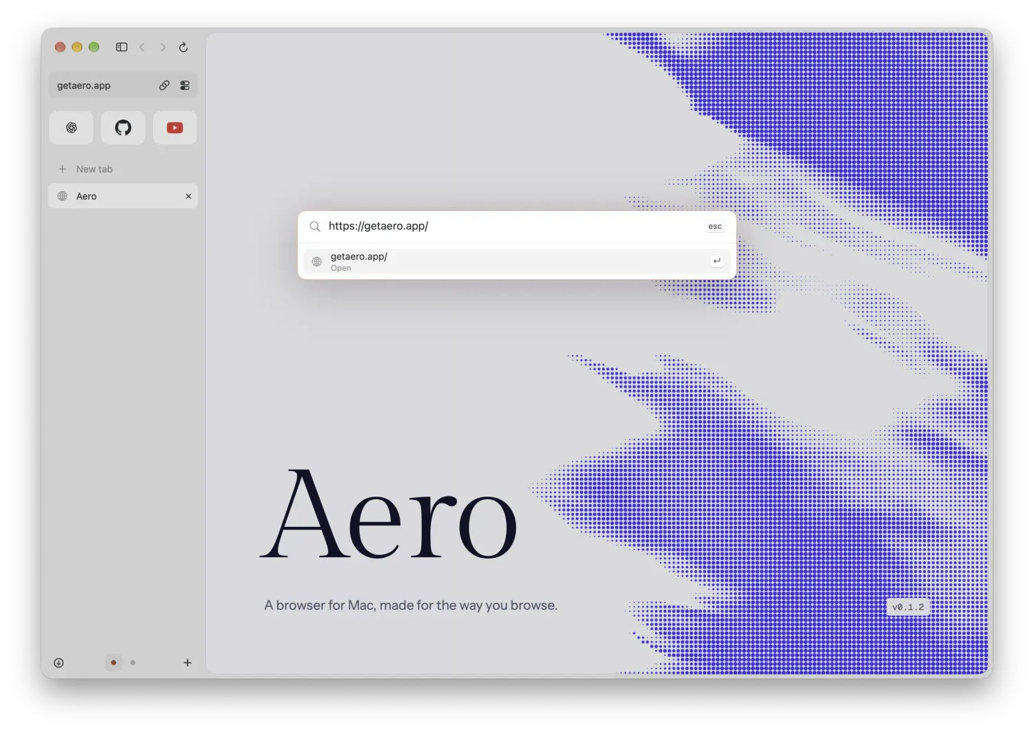 Aero’s control bar showing an address and an Open result.